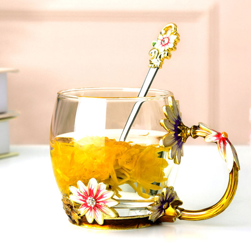 Varmebestandigt krystalglas krus, emalje glas krus, blomst te sæt kaffekop, vand mælk kaffe drinkware til: Rød