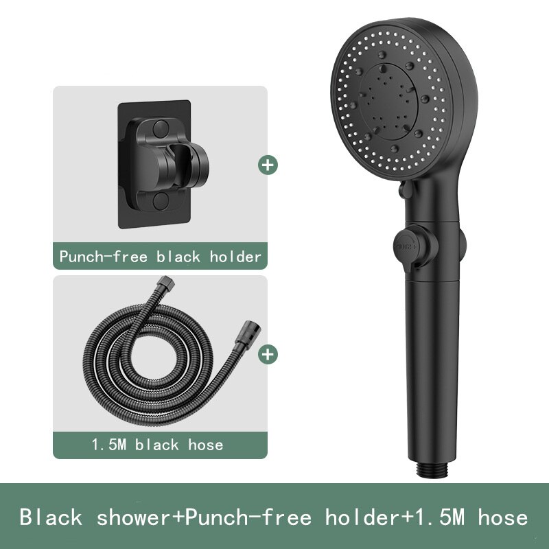 high pressure black shower head 5 functions with switch on/off button spray Water Saving Shower Adjustable Bath shower: Black set 4