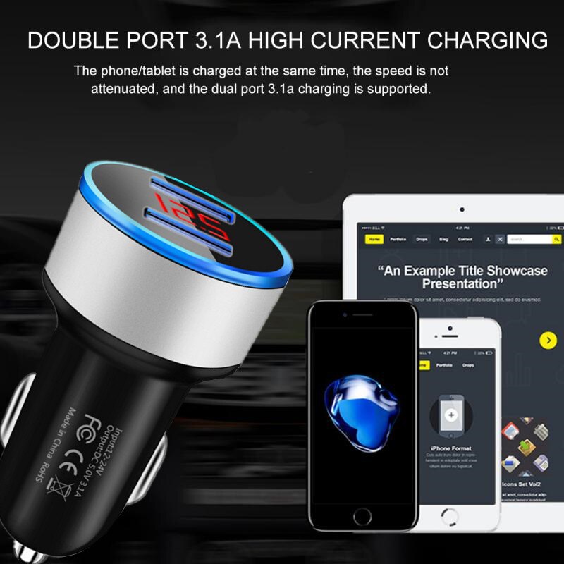 Chargeur de voiture avec affichage LED 3.1A, double port USB, adaptateur de Charge rapide pour téléphone portable, pour iPhone 12 11 Pro, Samsung, Xiaomi, Huawei, LG