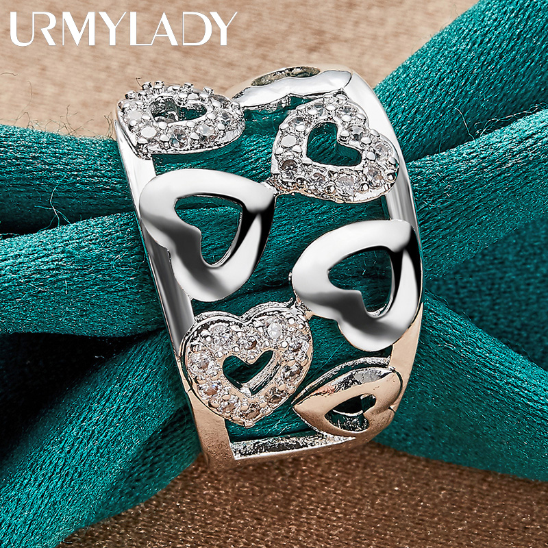 URMYLADY Ciondolo con zirconi a forma di cuore liscio cavo in argento sterling 925 7-10 # Anello per donna, matrimonio, fidanzamento, gioielli di moda
