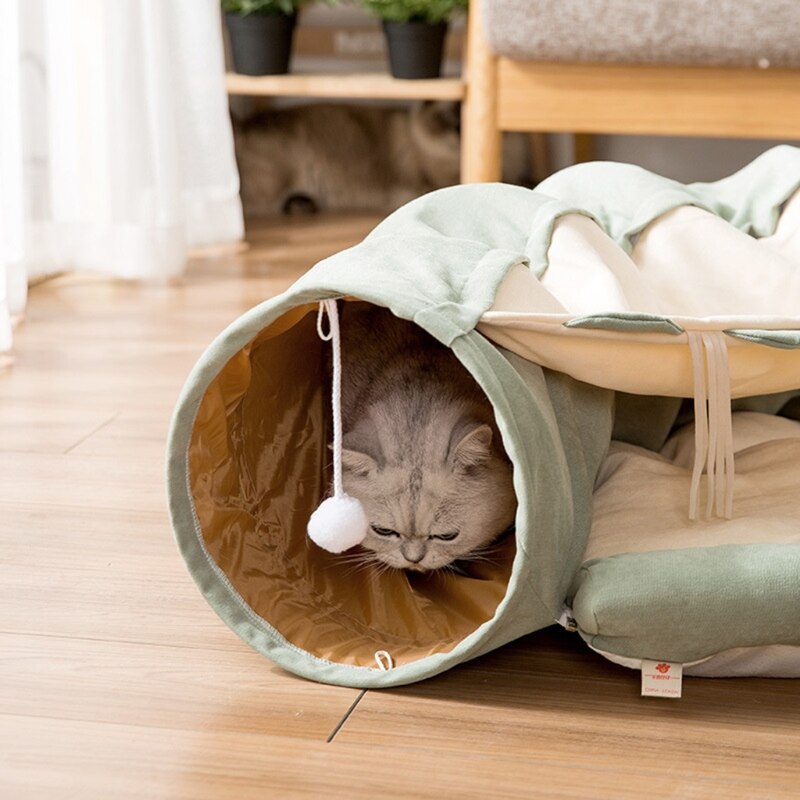 Lit Tunnel pliable avec tapis, 2 voies, avec boule à gratter, jouets interactifs, maison pour chat, chiot, chaton
