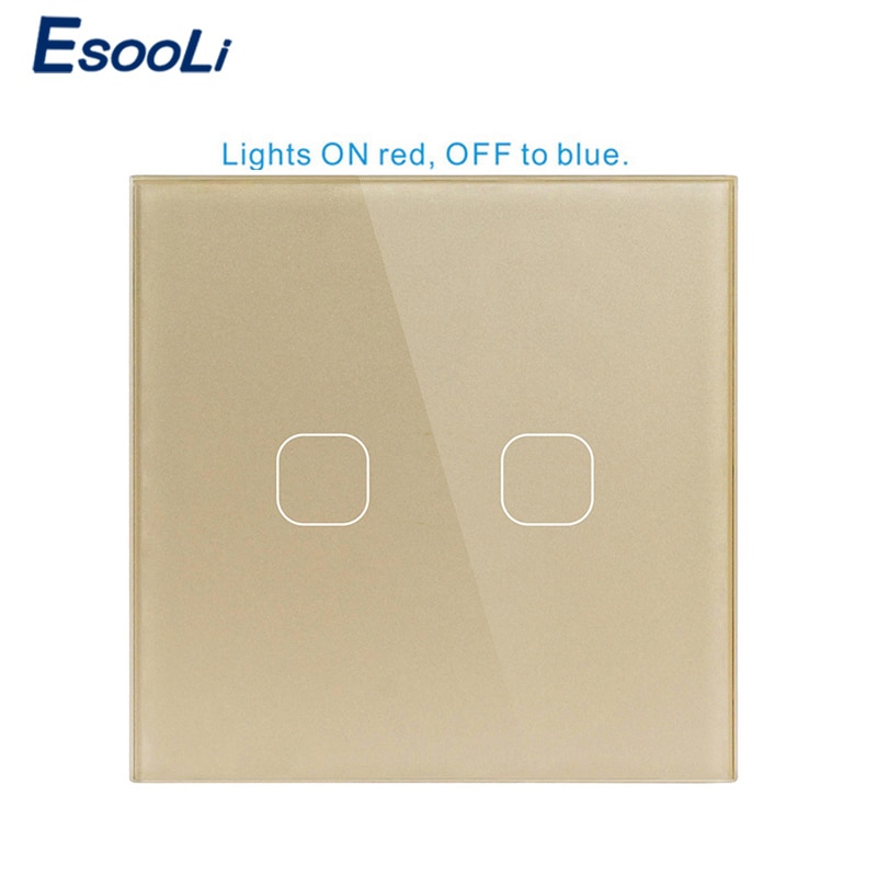 Esooli EU Standard Golden Wall Switch LED Light Switch 2 Gang 1 Way Touch Light Switch 220V only touch function