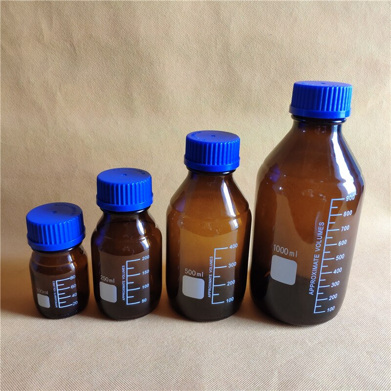 500ML Reagent Bottle,Amber Soda Glass,graduated storage bottles with GL45 blue screwcap,amber glass bottle