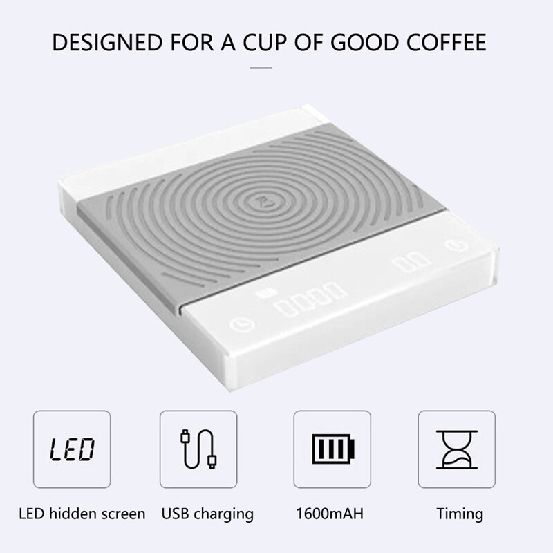 Coffee Scale Portable Smart Digital Food Scale Electronic Drip Coffee Scale with Timer 2Kg White