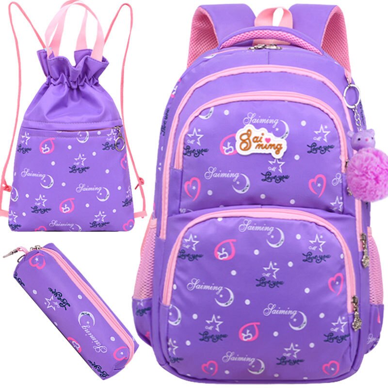 3 stk/sæt børn skoletaske søde piger rygsække udskrivning rejsetaske skoletaske nylon lynlås skoletasker: Lilla