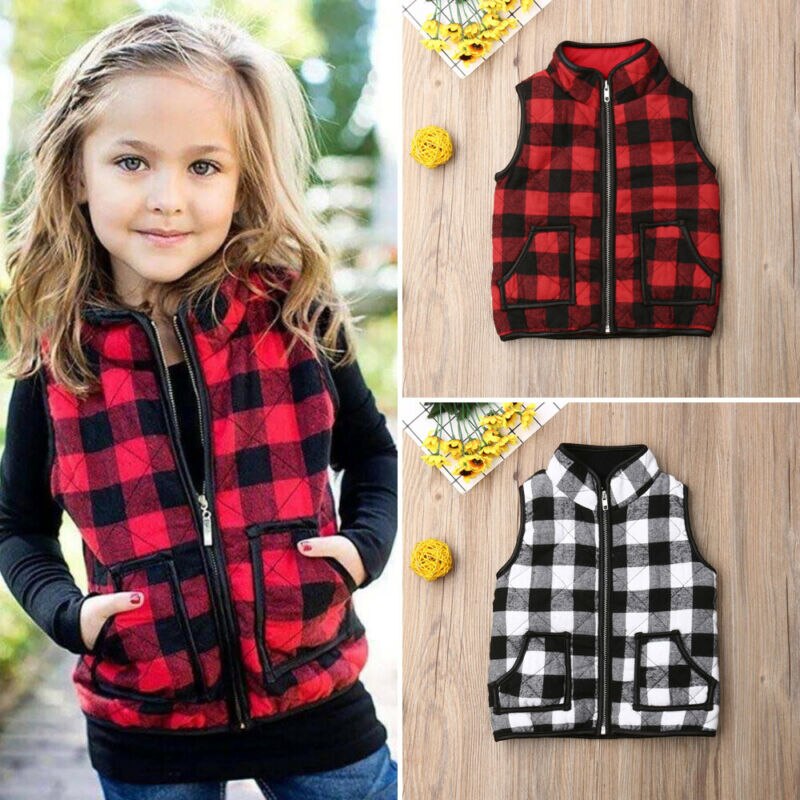 Moda Bambino Del Bambino Dei Bambini Del Bambino Vestiti Della Ragazza Senza Maniche Plaid della Chiusura Lampo del Rivestimento del Cappotto del Panciotto Autunno Inverno Outwear Magliette e camicette Outfits 1-6T