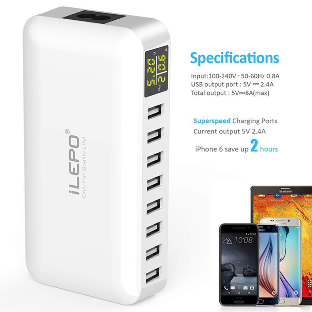 iLEPO Multi Port USB Charger 5V8A LED Show Real Time Charging For iPhone iPad Mini Samsung Huawei Pixel Mi DV AC Power Adapter