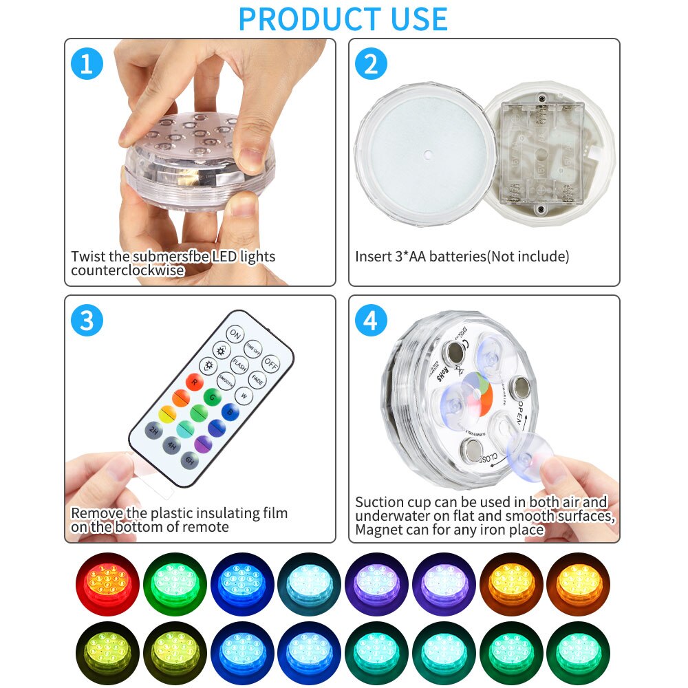 RGB Underwater Submersible Led Light IP68 Waterproof Battery Power Pond Swimming Pool Night Lights For Vase Base Floral Aquarium