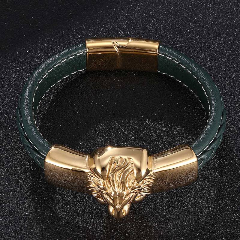 Hiphop groene gevlochten leren heren armbanden en bangles gouden leeuwenkop roestvrijstalen bikerketting mannelijke punk sieraden  sp0818