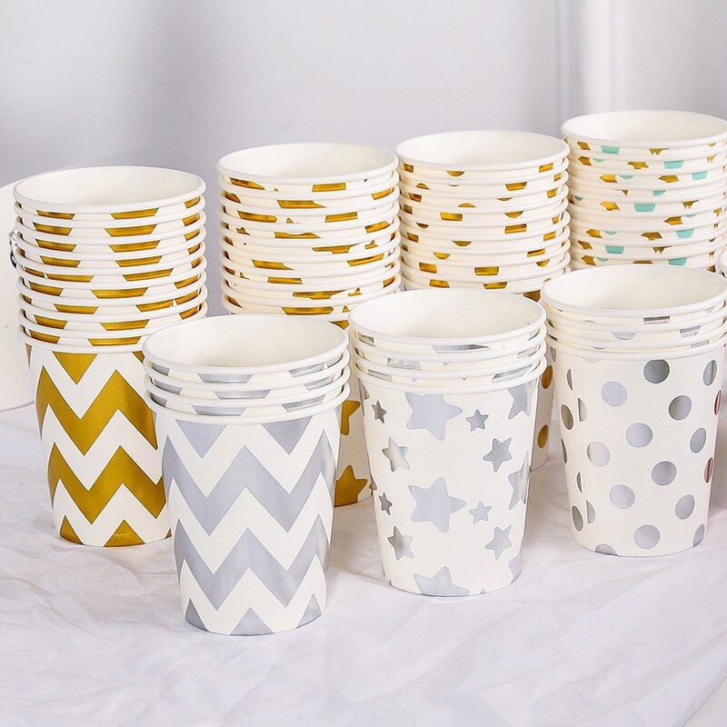 10Pcs Golden Cup Party Papier Servies Verjaardag Party Diner Plaat Stip Gestreepte Cup Voor Wedding Party Decoratie Collectie
