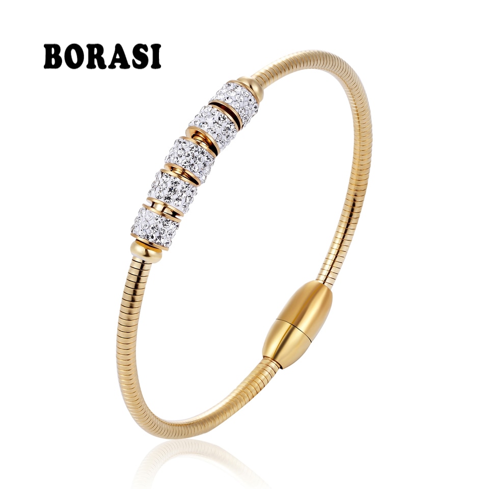 BORASI Oppervlak Crystal Verstelbare Cubic Zirkoon Armband Bangle Sieraden Rose Gold Kleur Rvs Charm Armband Voor Vrouwen