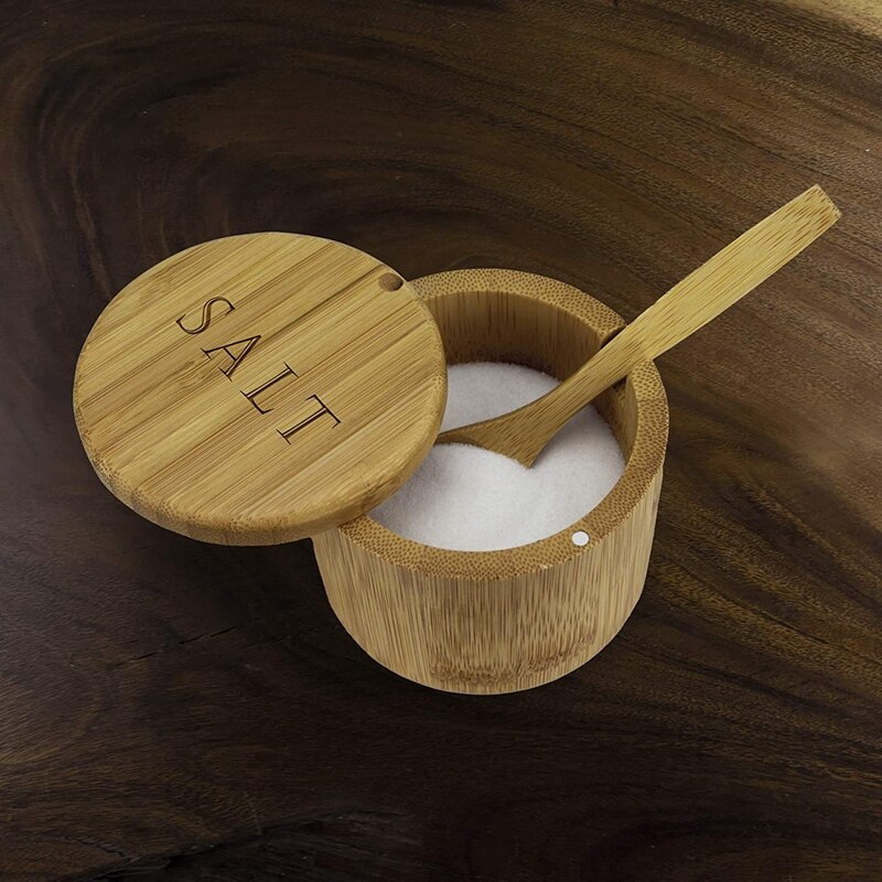JHD-Salt Box, Bamboo Storage Box With Magnetic Swivel Lid, Salt Engraved On Lid With Bamboo Spoon Bamboo Salt Keeper