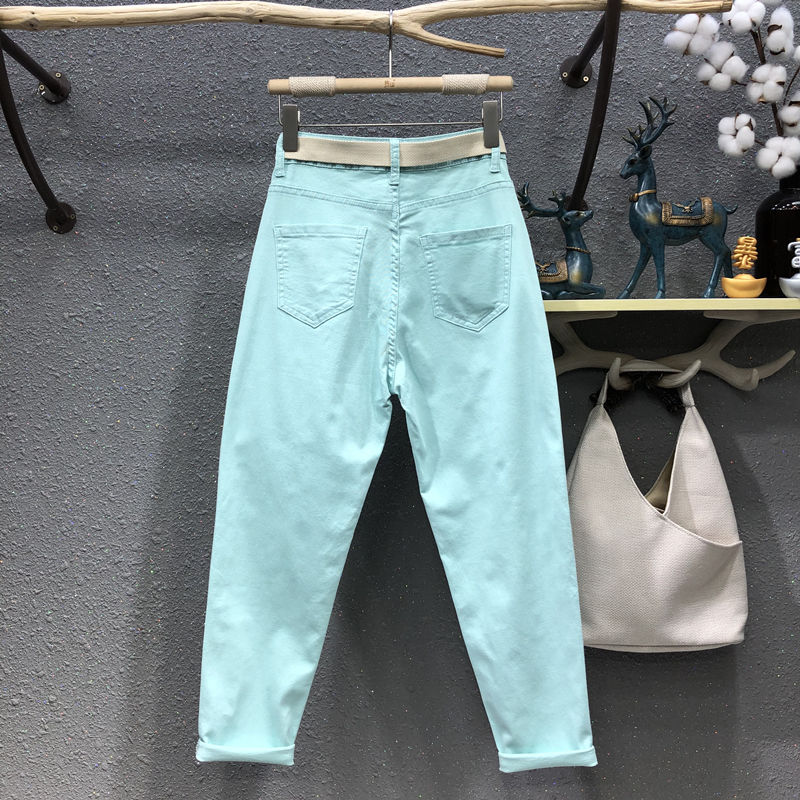 Pantalon en Denim vert menthe pour femme, jean élastique taille haute, couleur pure, longueur cheville, printemps automne