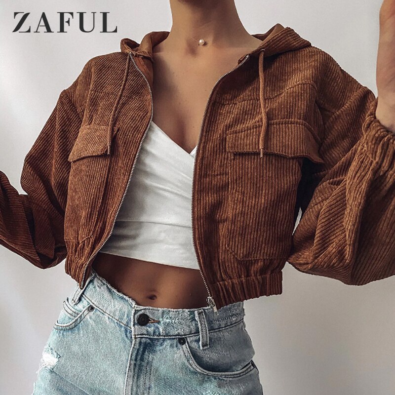 ZAFUL-abrigos cortos de pana para mujer, chaqueta con capucha de bolsillo y hombro caído, Top de manga larga sólido con cremallera, prendas de vestir para Otoño e Invierno