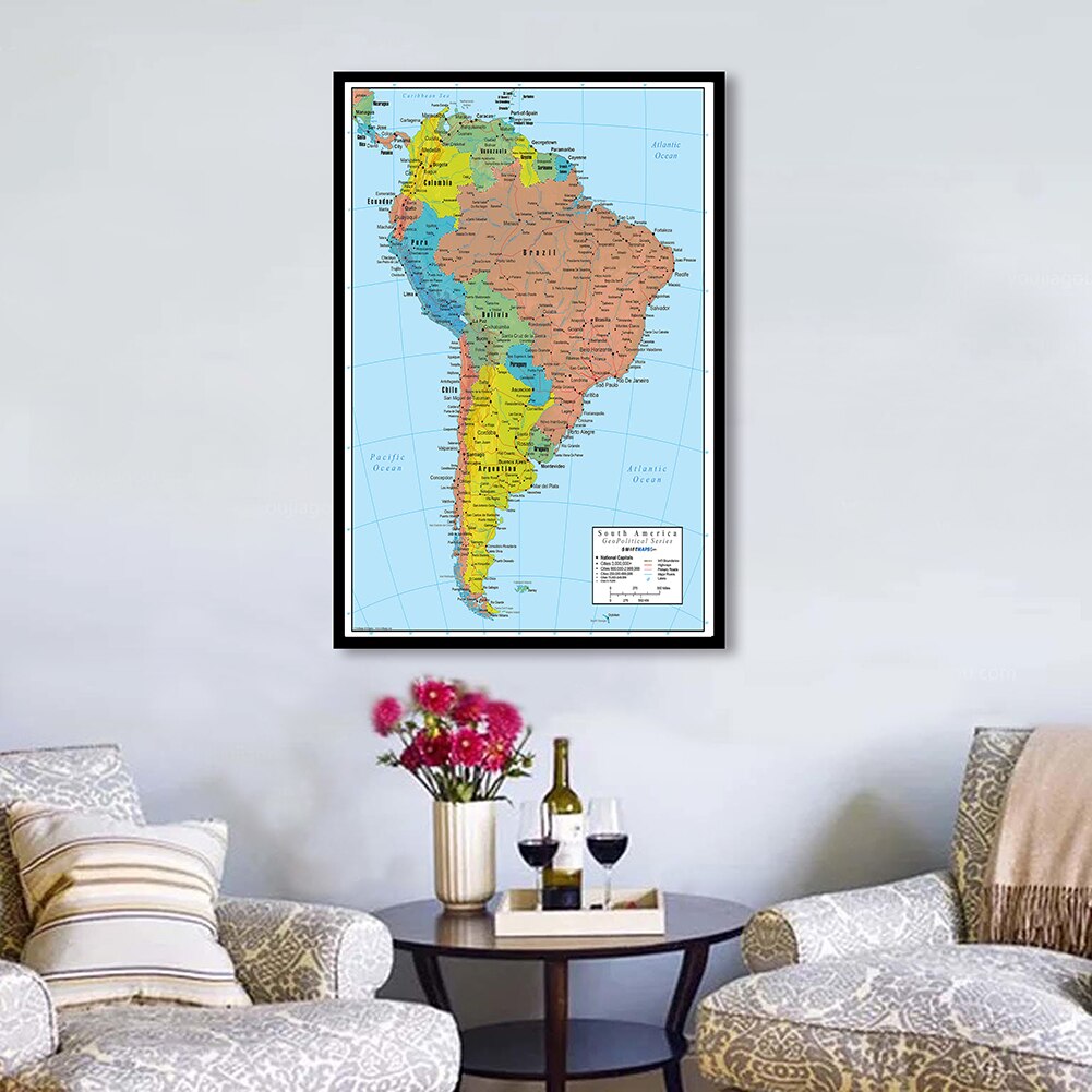 60*90cm Map of South America In English Spray Canvas Painting Wall Art Poster Living Room Home Decor School Supplies