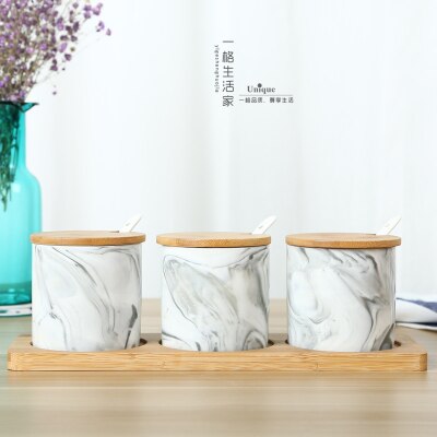 Chinese ceramic seasoning pot Kitchen Tools Gadgets Salt Sugar bowl Canister spice jar Herb Spice Tools Ceramic jar Bamboo box: 9