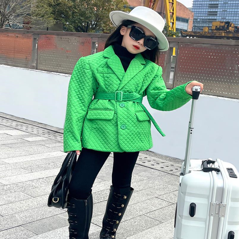 Meisje Jassen Herfst Winter Groene Mode Outfit Kinderen Plus Katoen Dikkere Uitloper Kids Lange Plaid Jassen 3-12Y WZ482