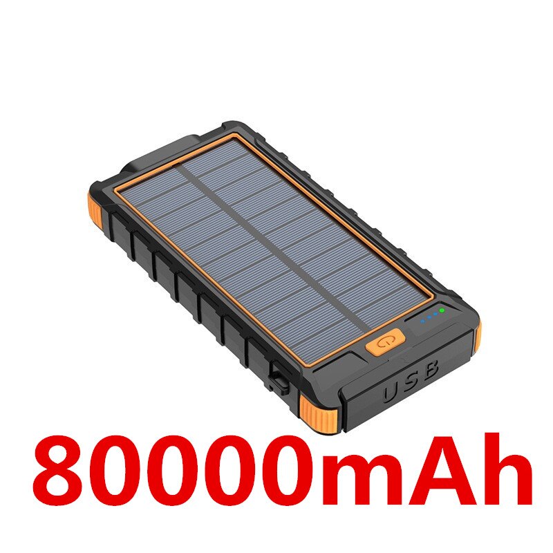 Solar Power Bank Waterdichte 80000Mah Solar Charger Usb-poort Externe Lader Voor Xiaomi 5 5s Smartphone Power Bank Met led Licht: Orange-80000mAh