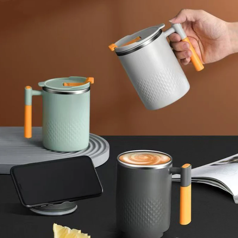 Stainless Steel Mug with Handle and Lid Double Wall Heat-resistant Anti-scald Coffee Cup Household Office Milk Oatmeal Water Cup