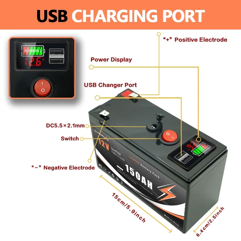 Batterie au Lithium LiFePO4 12V 150Ah, plus de 4000 Cycles profonds, pour UPS, détecteur de poissons de Kayak, panneau solaire, roues électriques, jouets, Scooter, Radio