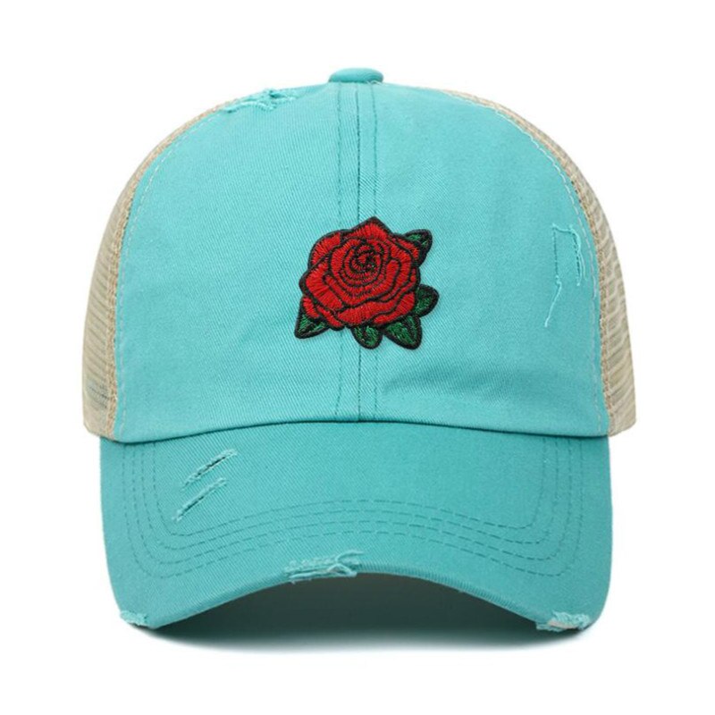 rose distress mesh baseball cap hip hop outdoor sports summer women cap embroidery flower snapback hat cap curved cap: Sky Blue