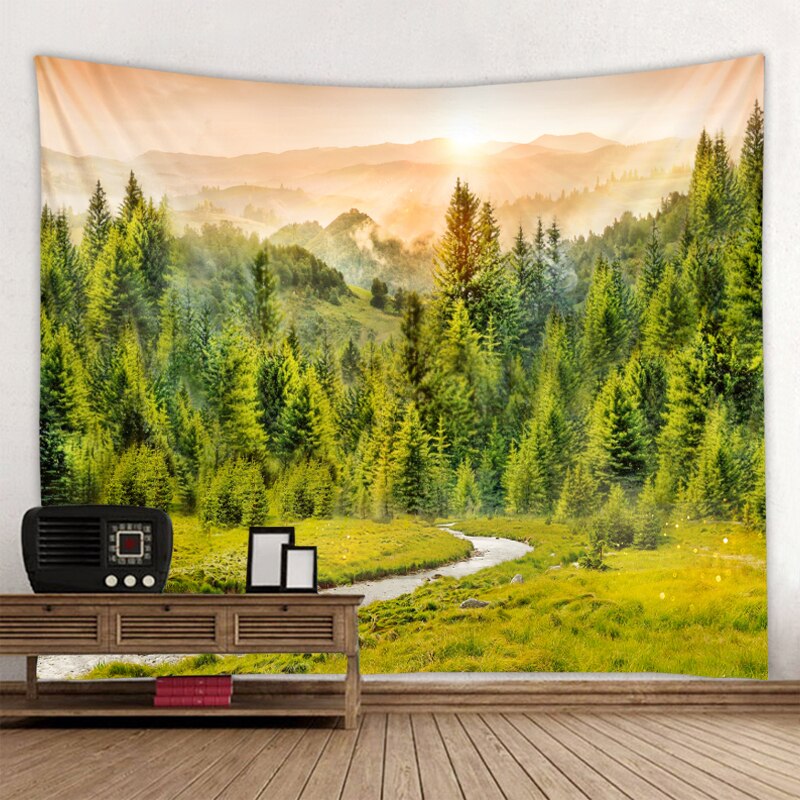 Nature Forest Tapestry Forest Wall Cloth Tapestry in the Sunset Hippie Mandala Tapiz Landscape Home Decoration Tapestry: 150x130cm