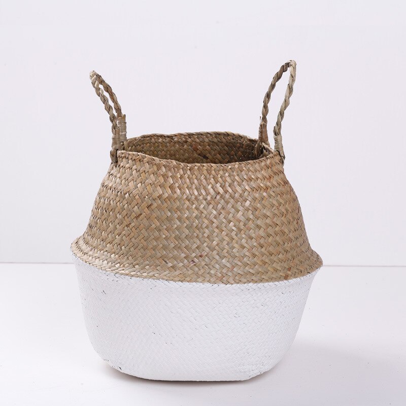 Handmade Woven Storage Basket Folding Clthoes Laundry Basket Straw Wicker Rattan Seagrass Belly Garden Flower Pot Plant Basket: white / S   13 cm x 12 cm