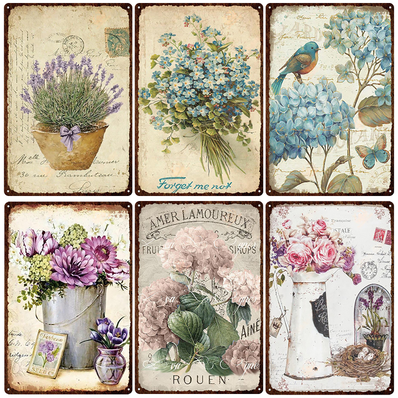 Bloemen Metalen Tin Teken Retro Platen Rose Pioen Lavendel Art Plaque Vintage Poster Tuin Kamer Thuis Muur Decor