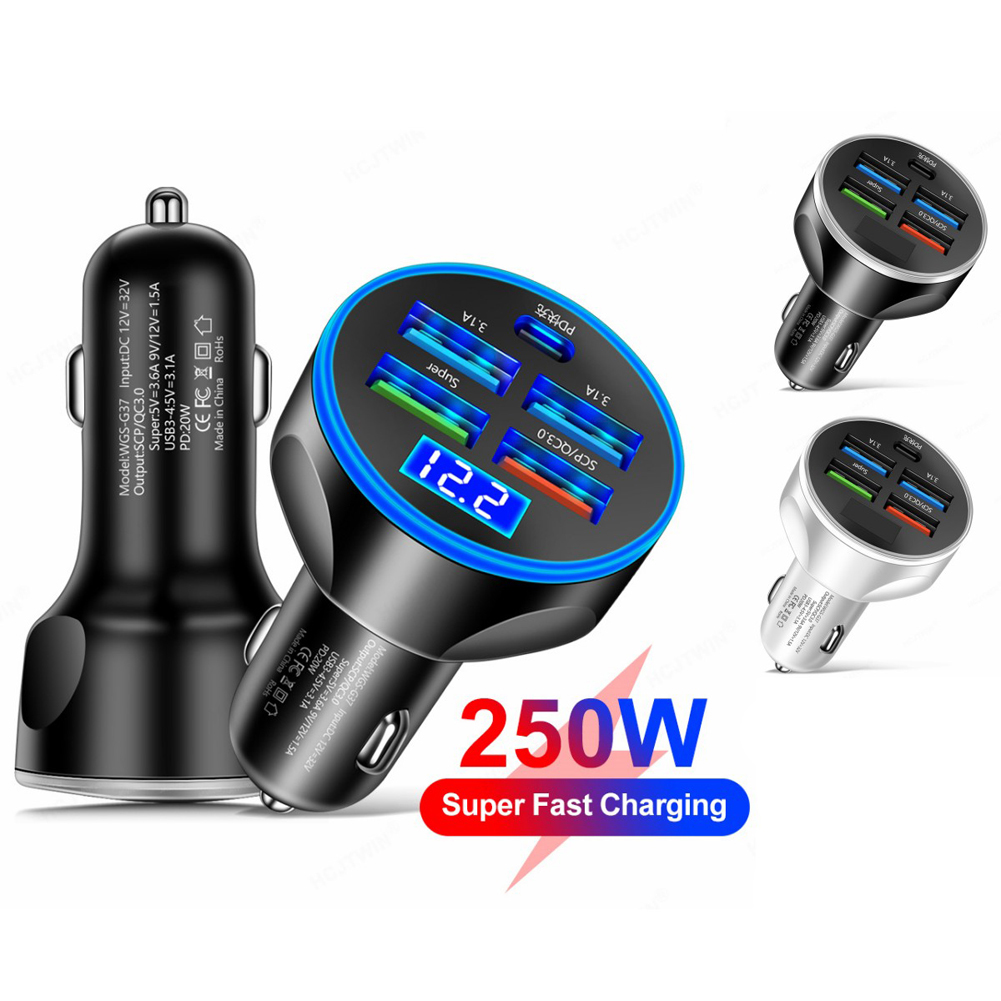 250W PD Autoladegerät 5-Hafen Schnellladung QC 3.0 USB-C Auto-praktisch-Ladegerät Typ-C-Adapter für iPhone Xiaomi Huawei