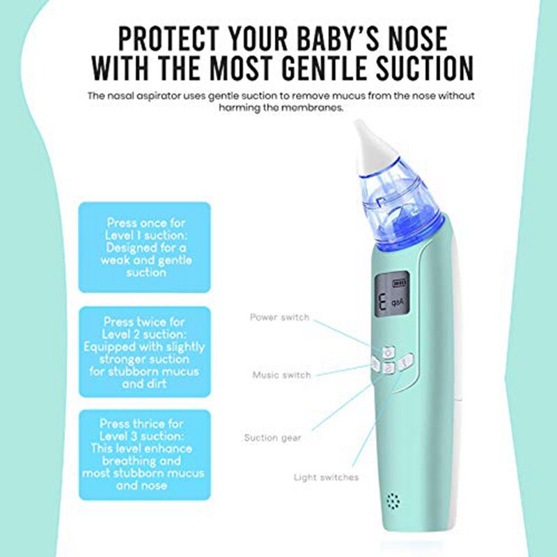 Electric Baby Nasal Suction Device - Battery Operated Nose Cleaner and Nose Suction Cup - Adjustable Settings and Reusable Tips