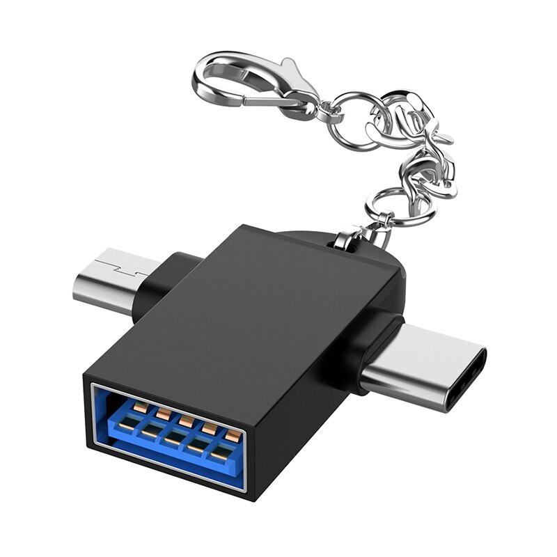 Android Type-C 2 In 1 OTG Micro USB Host Power T Splitter USB 3.1 Adapter: black Belt chain
