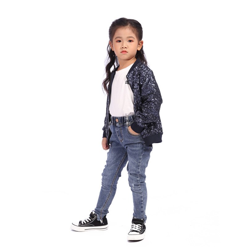 Herfst winter warme meisjes jas kleding bovenkleding lente kinderen kinderjassen meisjes pailletten blauwe korte jas casual kleding