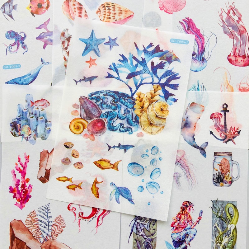 6 Sheets /Pack Undersea Whale Shell Mermaid Jellyfish Paper Sticker DIY Album Decor