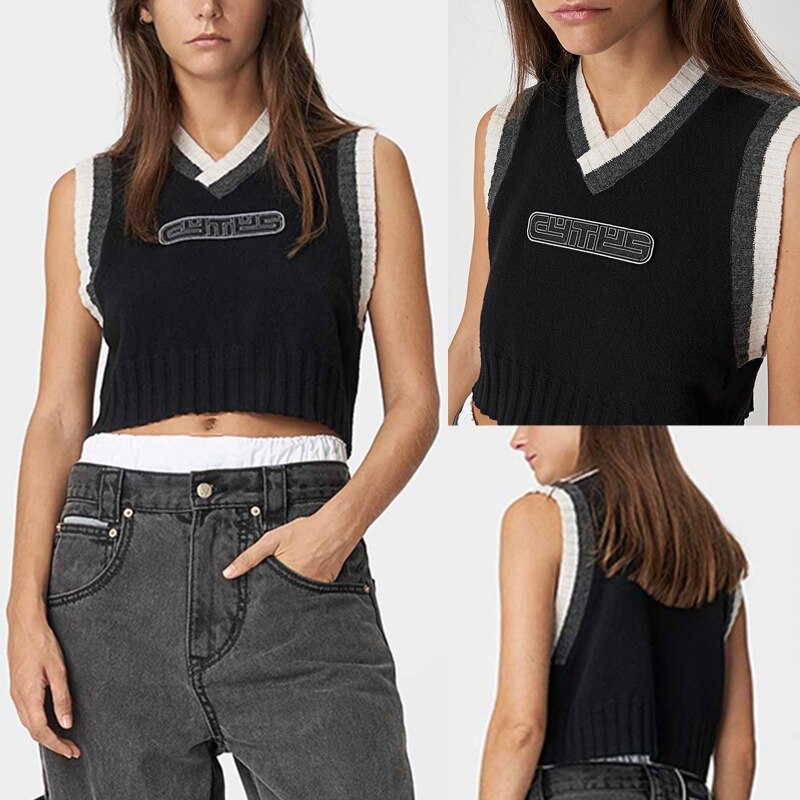 Kvinner høst vintage strikket ermeløs v-hals bokstaver trykt cropped tank top ribbet kant løs genser genser genser