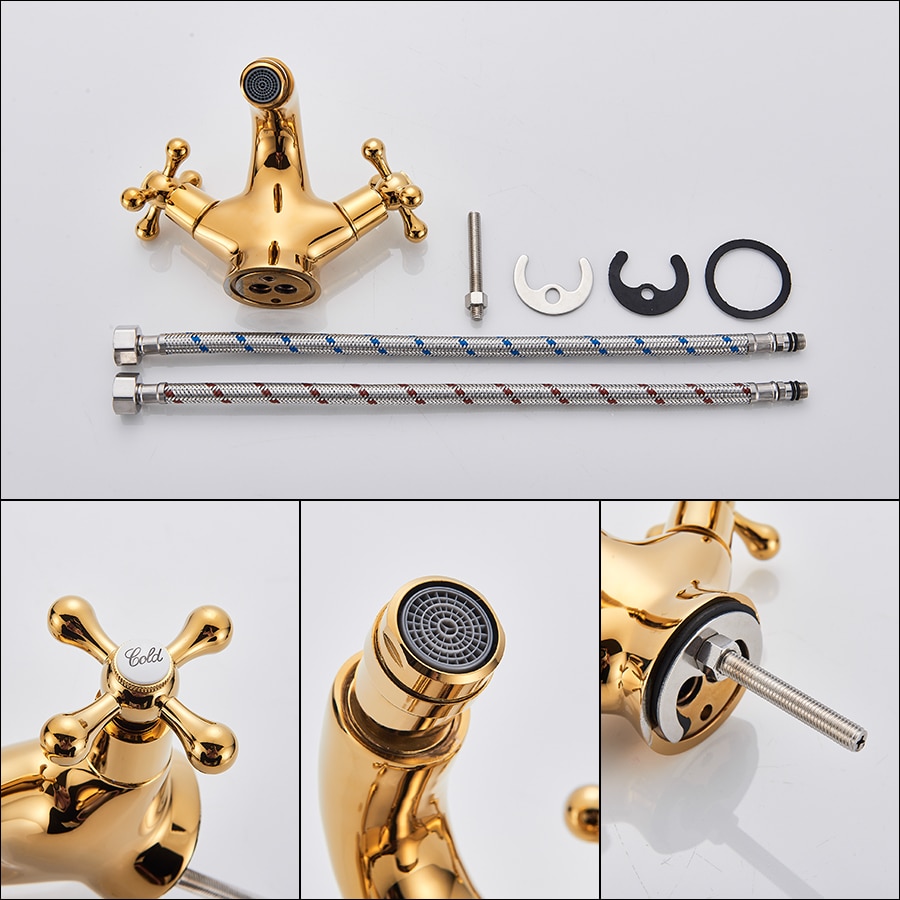 Golden Bidet Faucet Two Swivel Handles Bathroom Vessel Sink Tap Single Hole Deck Mounted Water Mixer Tap Chrome Antique Brass