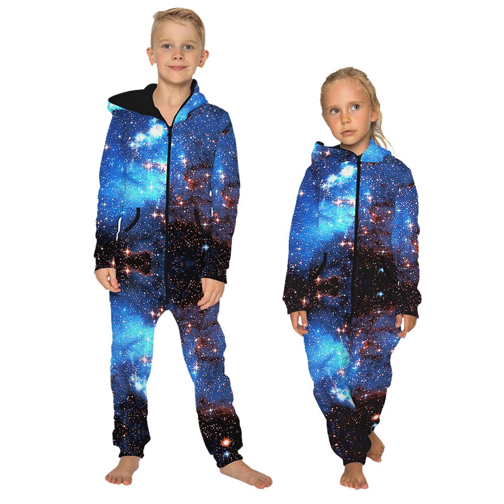 Starry Sky Child Wear Zipper Hooded Sweatpants Loose Fleece Jumpsuit