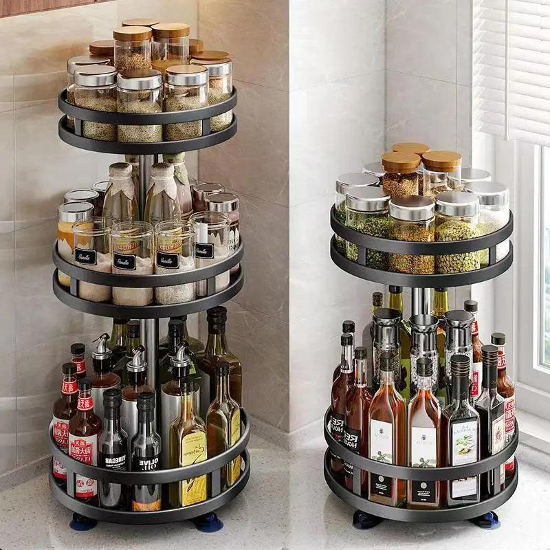 Rotation Condiment Rack Multifunctional Carbon Steel Flavour Storage Tray Round Seasonings Spice Organizer for Kitchen