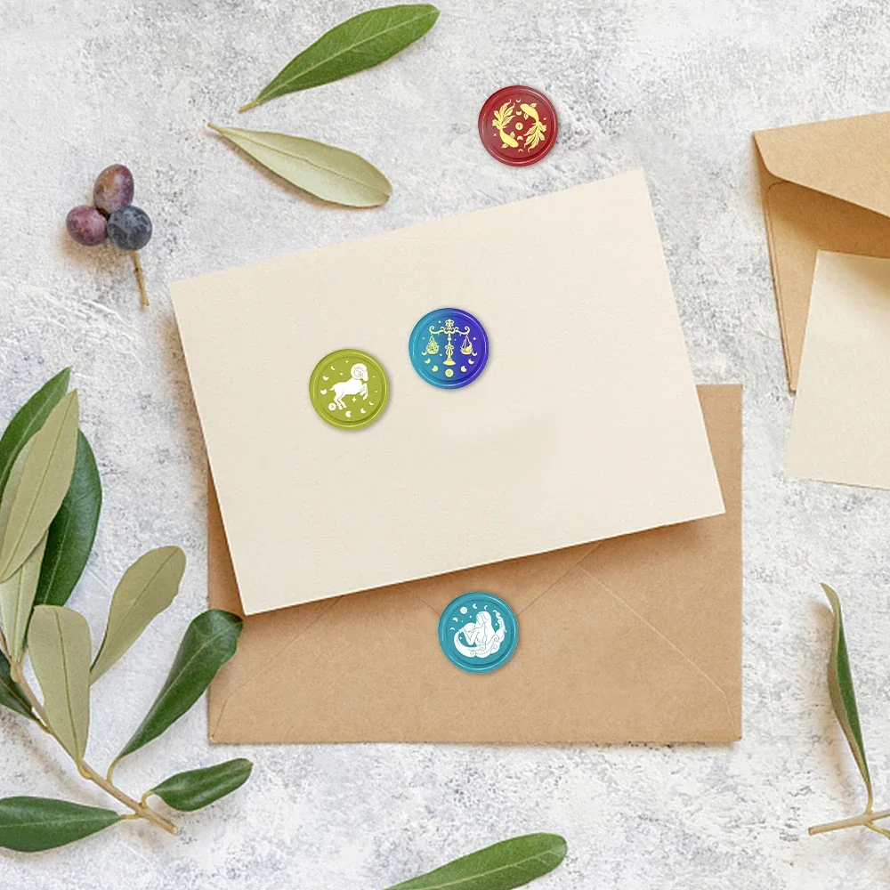 12 stjärntecken vaxstämplar runda avtagbara förseglade mässingsvaxstämpelhuvuden för att dekorera kuvert födelsedagskort anteckningsbok