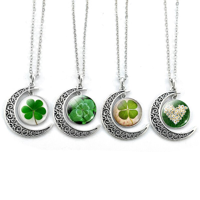 St. Patrick Dag Natuurlijke klavertje Vier Sieraden Glas Cabochon Crescent Moon Ketting Lucky Mode Accessoires voor Vrouwen