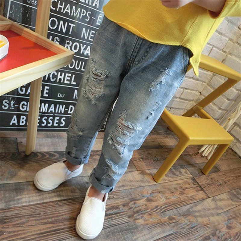 Pantalones vaqueros rotos para bebés y niños, Jeans desgastados ajustados de cintura media, Primavera,