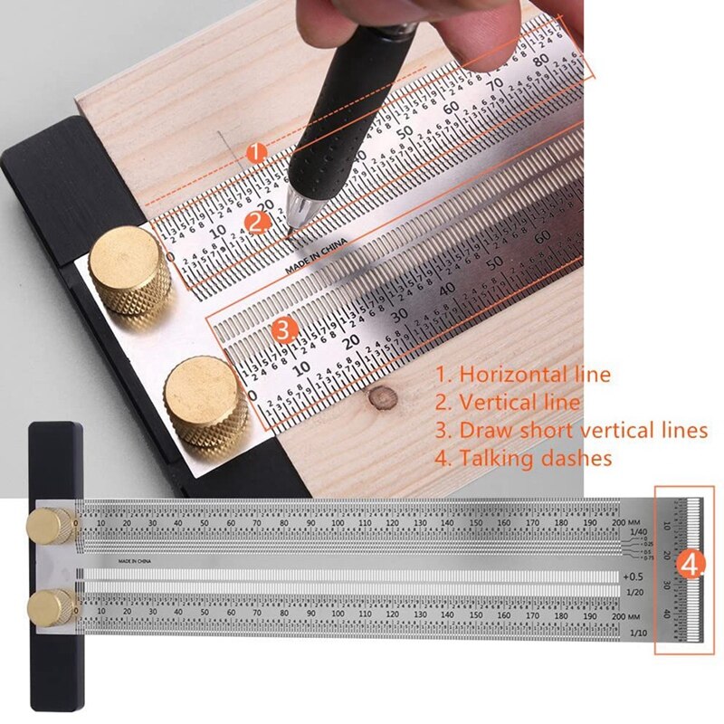 Precision Marking T-Rule Stainless Steel T Type Hole Ruler Scribing Gauge Marking Measuring Tool With Automatic Pencil