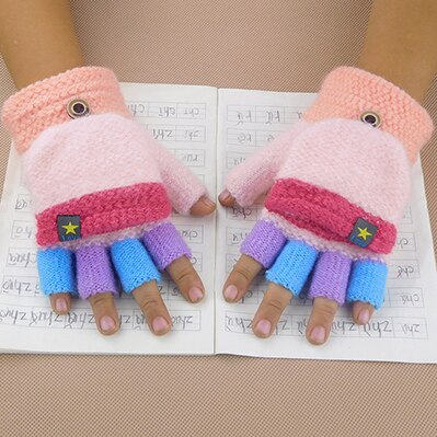 Winter kinderen warme handschoenen pentagram sticker 5-10-jaar-oude leerlingen flip kleur schrijven half- vinger handschoenen: pink