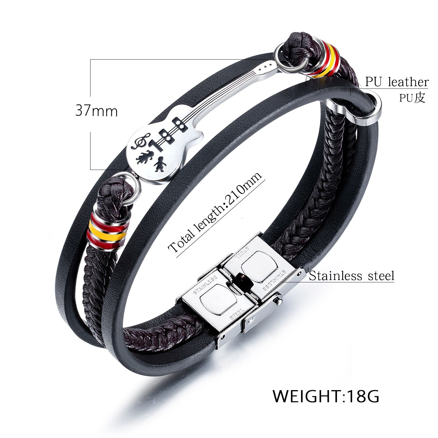 Punk Men Stainless steel Guitar Leather Bracelet Bracelets Multilayer Braided Leather Bracelet Jewelry