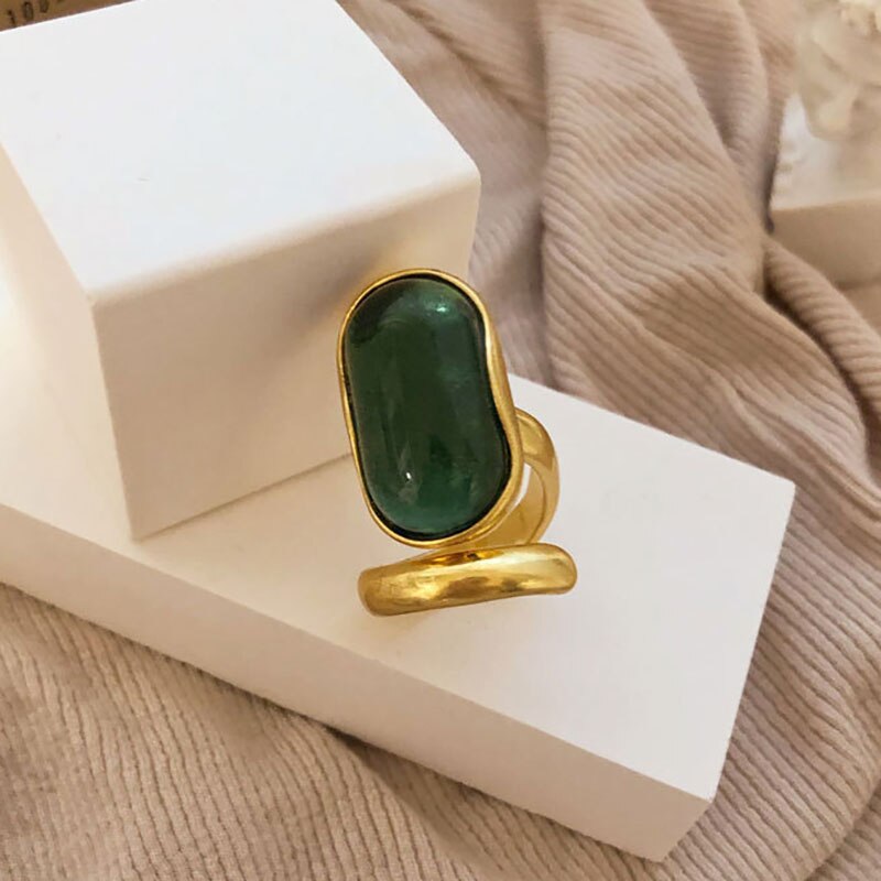 Foxanry Gold Color Wedding Rings for Women Green Stone France Vintage Party Bride Jewelry