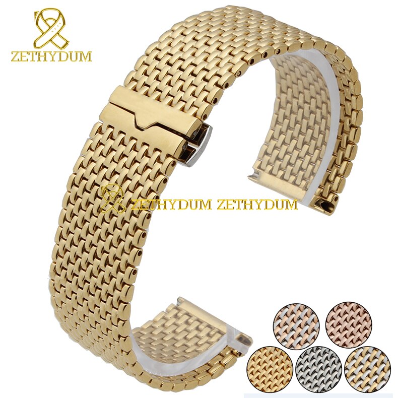 Fino sólido aço inoxidável pulseira assista bracelete banda de metal relógios de pulso em ouro rosa pulseira de prata cinto butterfly clasp 22mm