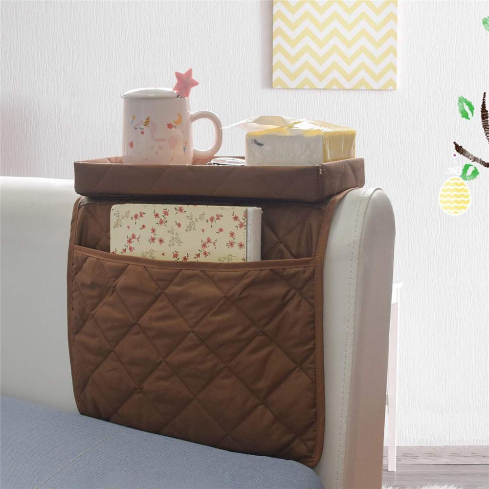 NB Sofa Armsteun Organiseer afstandsbediening houder nachtkastje caddy organizer met 5 zakken, antislip bank afstandsbediening houder bank fauteuil caddy accessoires (35x12.4, Beige
