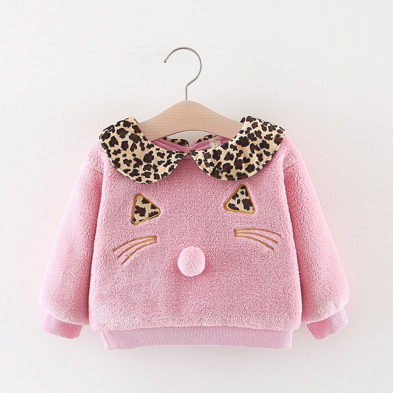 Vinter varm bebis flickor tecknad katt leopard kavajkrage förtjocka fleece sweatshirts barn barn huvtröjor ytterkläder
