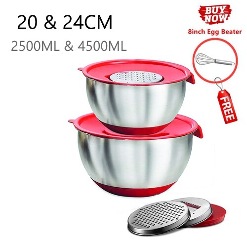 Stainless Steel Ingredients Standby Bowls Mixing Bowl Non-Slip DIY Cake Bread Salad Mixer Food Container With Grater/Egg Beater: 20-24cm Set