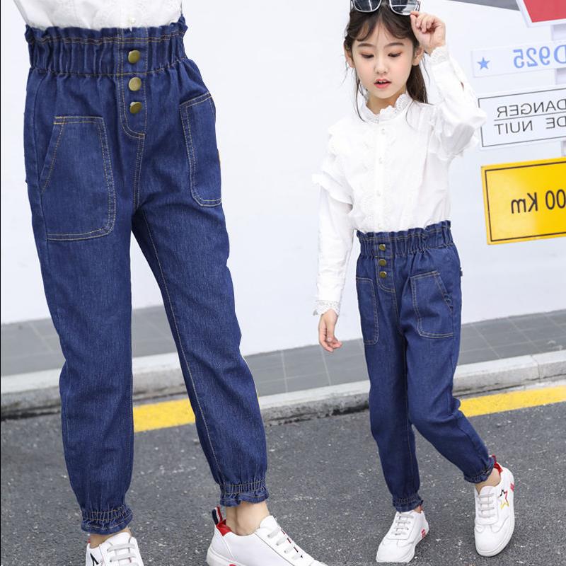 Højtaljet teenager pige jeans efterår blå børn jeans til piger børn bukser fritidsbukser tøj til 3-14 år