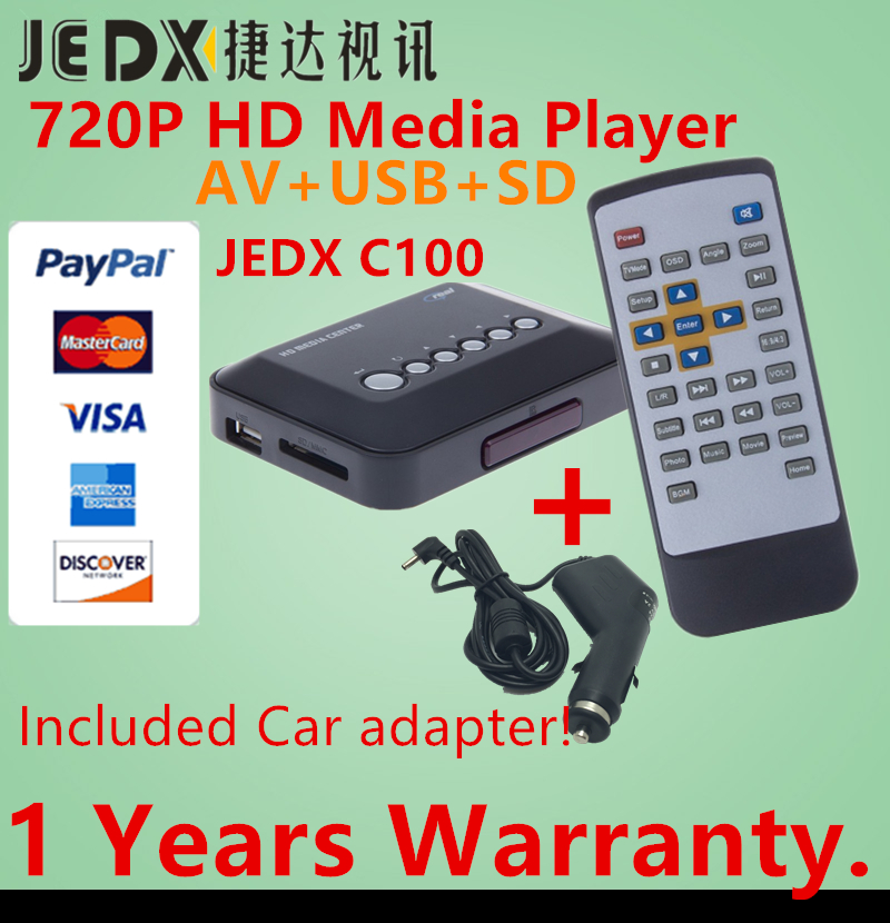 Jedx  c100 multimediaspiller mini  hd 720p bil mediaspiller tv-boks støtte 1280*720p mkv rm av sd usb sdhc mmc med biladapter